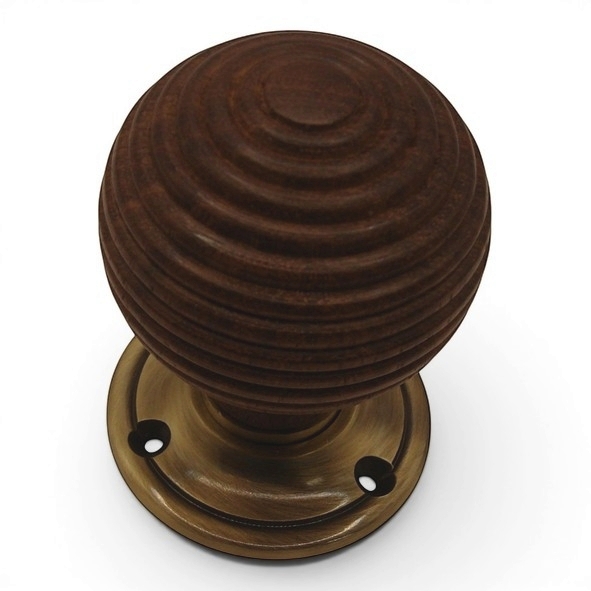PDF1015P2/AB  Rosewood / Antique Brass  Period Timber Round Beehive Mortice / Rim Knob Set With Classic Roses